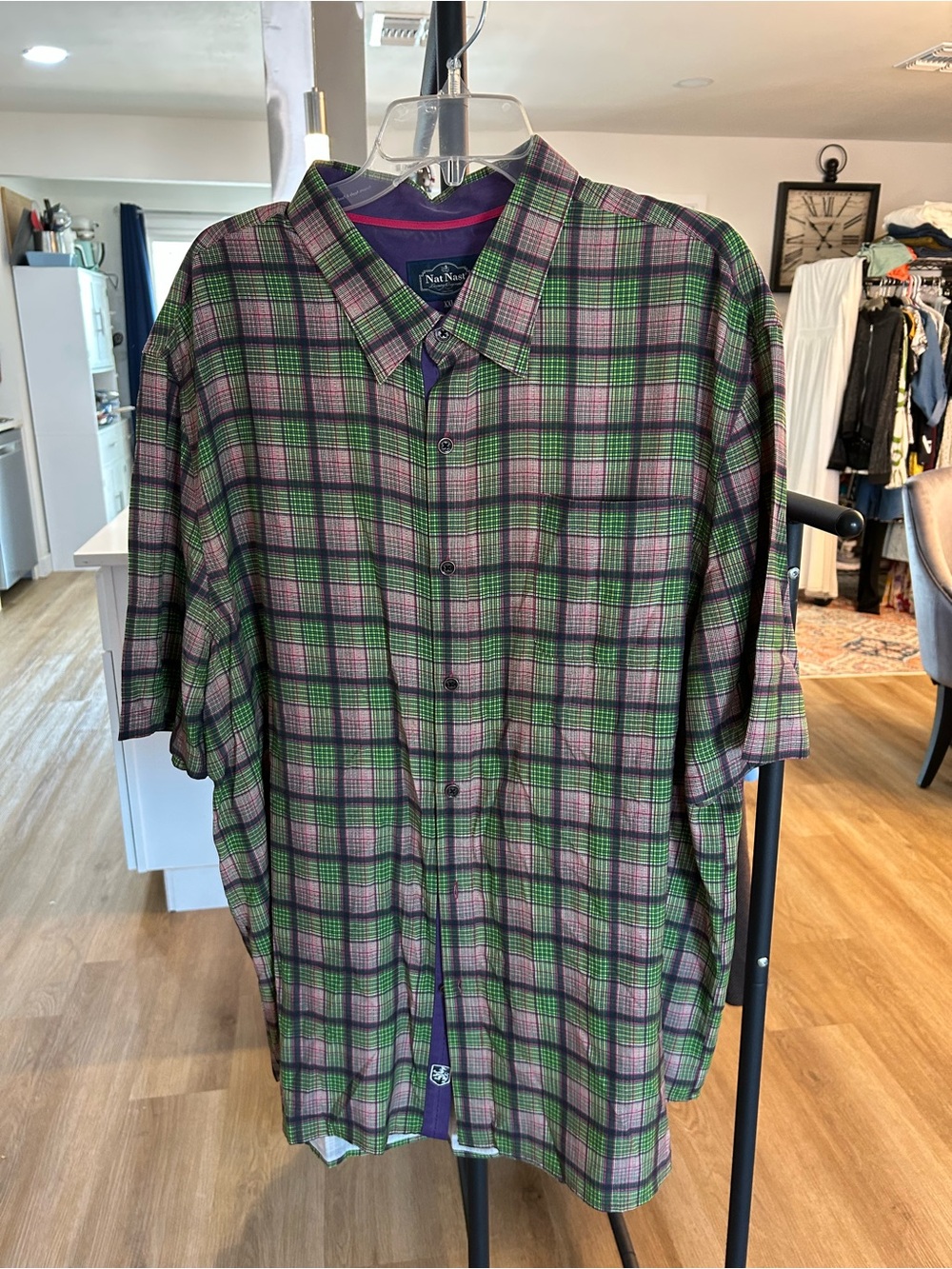Nautica Men’s Short-Sleeve Plaid Button-Up Shirt - Green/Purple